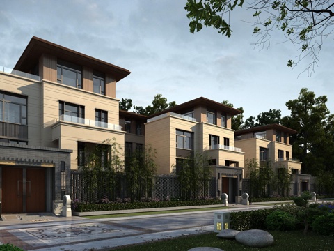  新中式欧式新中式新亚洲古典别墅外观3d模型 