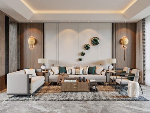 新中式客厅沙发茶几组合su模型