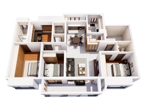  中古风家装鸟瞰 中古风家装空间 鸟瞰图 中古风家装样板房3d模型 