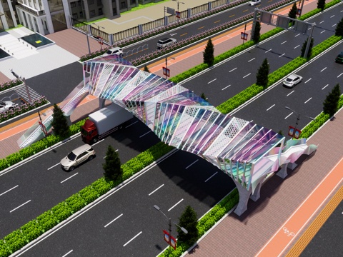 现代风格过街天桥 创意曲线高架桥 网红廊桥 城市道路天桥su模型