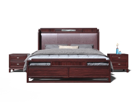  新中式宋式美学红木大床3d模型 
