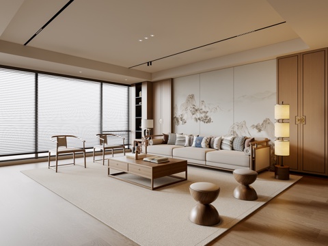 新中式宋式风客厅 沙发茶几 三人沙发 休闲椅 落地灯 地毯su模型