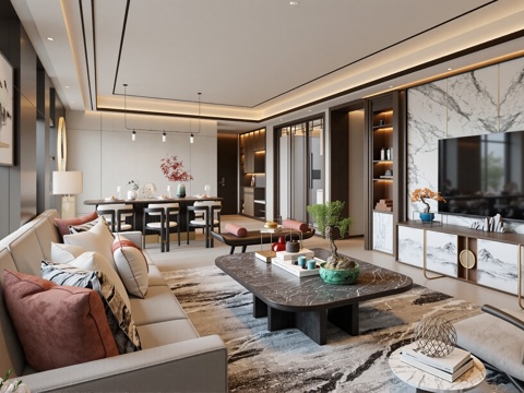 新中式客餐厅沙发茶几组合su模型