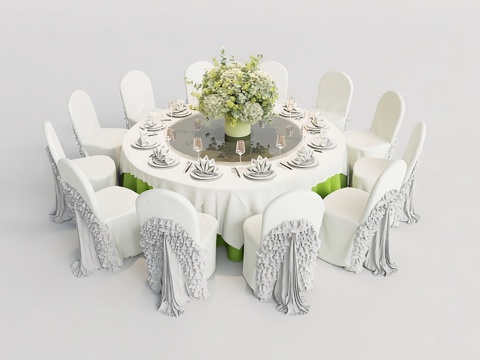 宴会圆桌 婚礼宴会桌椅 10人位圆桌 绣球花餐桌装饰 高端婚su模型
