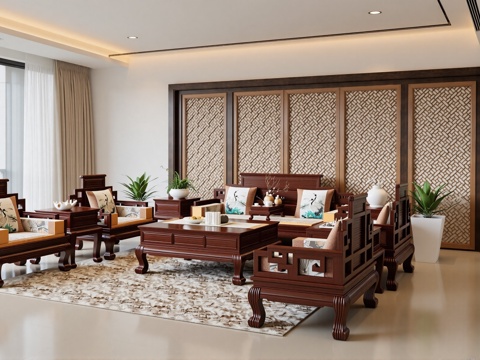 新中式客厅沙发组合su模型