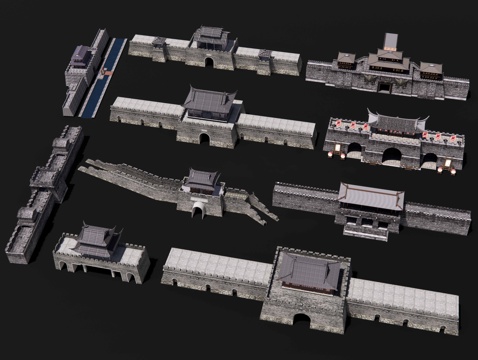 中式城门楼子 古城墙 古城门 古建筑城楼 长城 古代城墙su模型