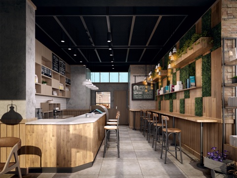  工业风咖啡店 卡座 素水泥 吧台 白墙3d模型 