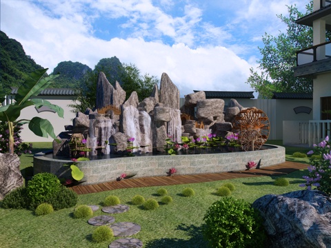  新中式室外别墅院子假山流水3d模型 