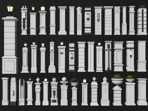  欧式庭院门柱 景观门柱 围墙柱子 庭院大门 罗马柱 别墅洋房3d模型 