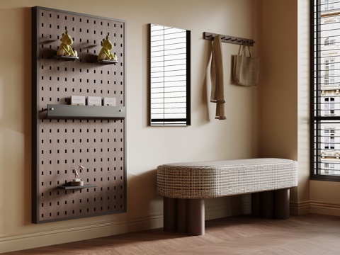 现代中古风换鞋凳 挂钩 镜子 洞洞板su模型