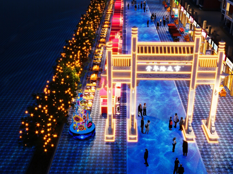 现代商业街夜市 牌坊 霓虹灯su模型