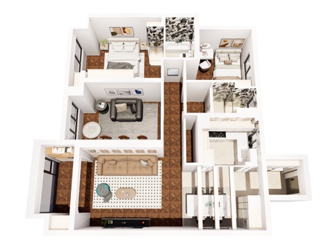  现代简约家装鸟瞰 法式室内家装空间 鸟瞰图 现代家装样板房3d模型 