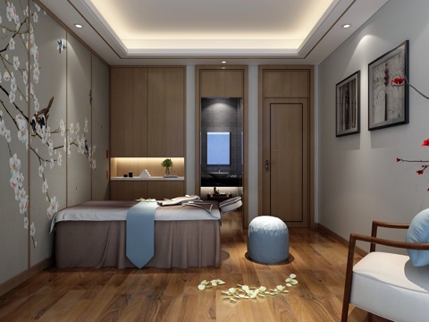  新中式SPA包厢 SPA床 椅子 新中式背景3d模型 