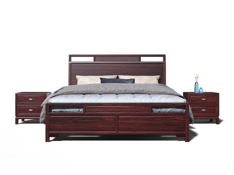  新中式宋式美学红木大床3d模型 