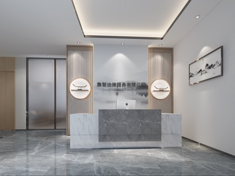  新中式办公室前台3d模型 