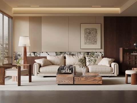 中古风客厅 沙发背景墙 沙发茶几组合su模型