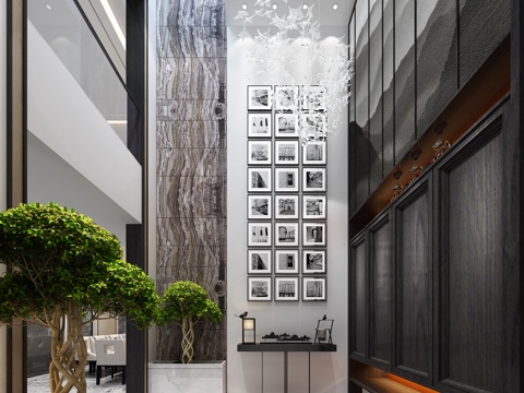  现代极简酒店商场玄关过道 中庭 玄关柜 装饰画 吊灯 景3d模型 