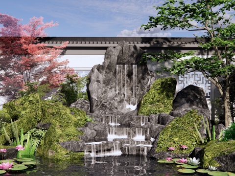 新中式 景观小品 假山水景 跌水瀑布 园林景观叠水水池 假山su模型