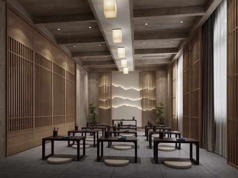  新中式教室 国学教室 书法教室 书桌 传统文化教室 吊灯3d模型 