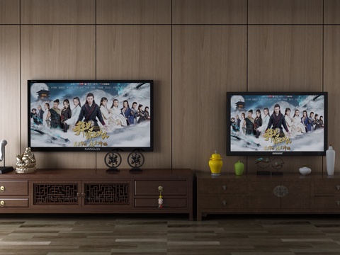  中式电视柜 电视墙3d模型 