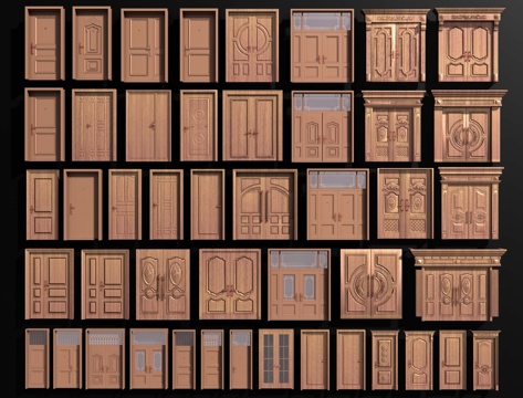 新中式单开门 入户门 双开门 防盗门 平开门 子母门 卧室门su模型