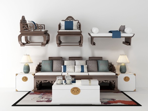  新中式中式沙发茶几组合3d模型 