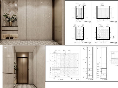 现代电梯厅 室内电梯 石材墙面  墙面立面图节点图cad施工图