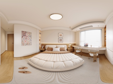  原木奶油卧室全景 