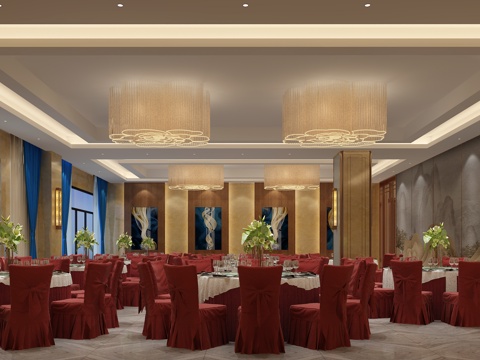  新中式墙画 配套蓝色挂画 窗帘 水晶吊灯回字纹地砖玻璃双开门3d模型 