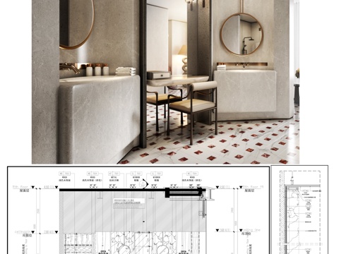 现代卫浴 洗手台圆镜 石材台盆 节点图cad施工图