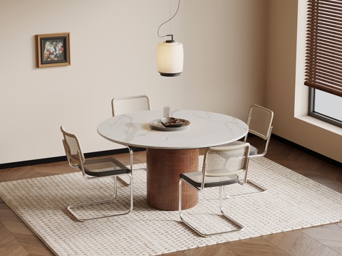 中古风餐桌椅 圆形餐桌su模型