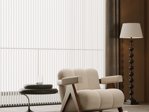 中古风单人沙发 休闲沙发 边几 落地灯su模型