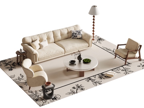 中古风沙发茶几组合su模型