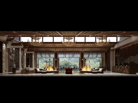  新中式酒店大堂 宾馆大堂 公司前台 吧台 沙发茶几 装饰3d模型 