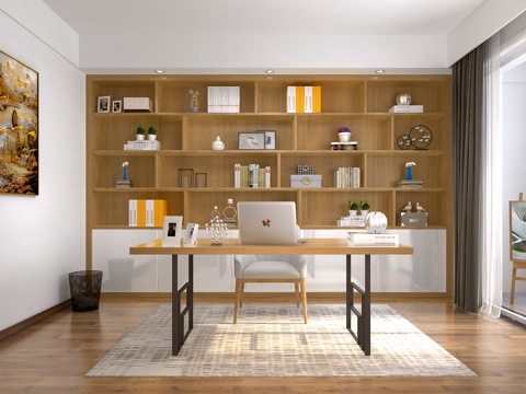  现代书房书柜画板装饰画3d模型 