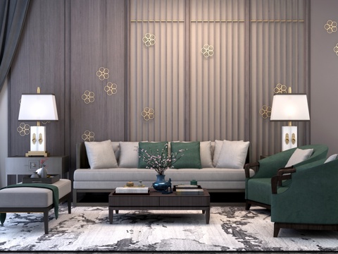  新中式沙发茶几组合 坐凳 单椅 边几 摆件3d模型 