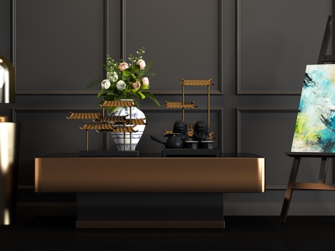  新中式金属茶几角几台灯画架饰品组合3d模型 