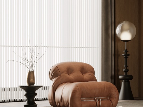 中古风单人沙发 休闲沙发 边几 落地灯su模型