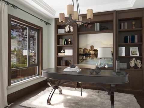  美式书房模型3d模型 