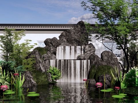 新中式 景观小品 假山水景 跌水瀑布 园林景观叠水水池 假山su模型