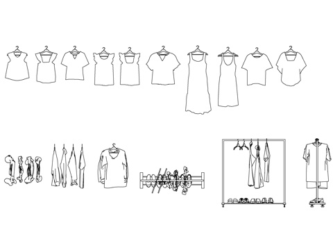 服饰衣物衣架 衣服挂架 服装展示架 衣物收纳架 衣架组合cad施工图