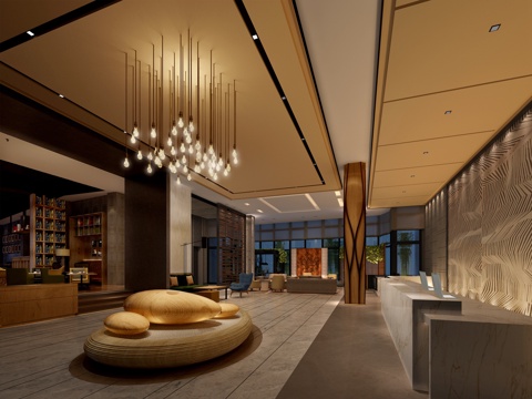  现代酒店大堂 宾馆大堂 公司前台 吧台 沙发茶几 背景墙3d模型 