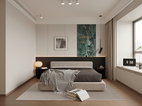  意式主卧室 无主灯 背景墙 飘窗3d模型 