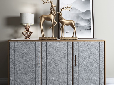  现代边柜 鞋柜 玄关柜 装饰柜 装饰摆件，鹿 台灯 画3d模型 