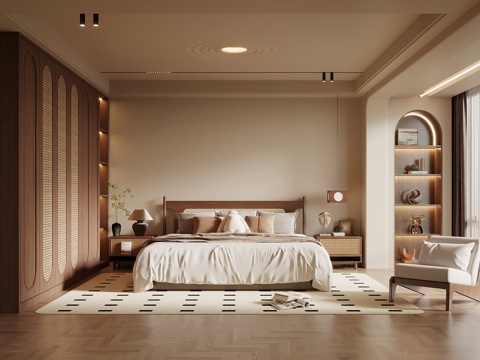  中古风卧室 主卧 双人床 床头柜 衣柜3d模型 