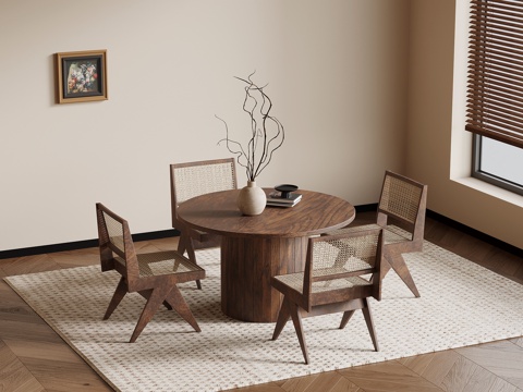 中古风餐桌椅 实木餐桌椅su模型