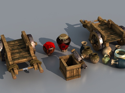  中式板车 陶器 罐子 花瓶 酒罐 水缸 小品 酒坛 木箱3d模型 