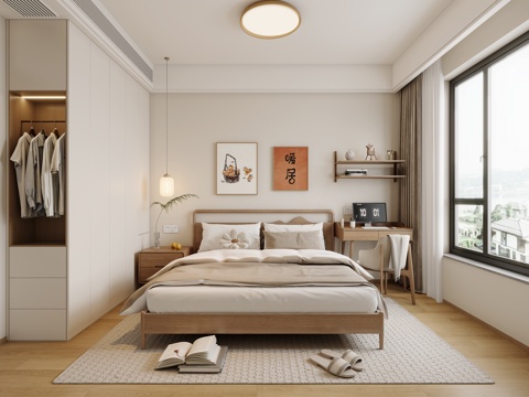  原木奶油风卧室3d模型 