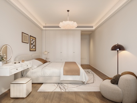  现代奶油风卧室3d模型 