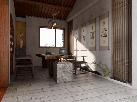 家装 茶台 茶桌组合 茶桌 茶具su模型